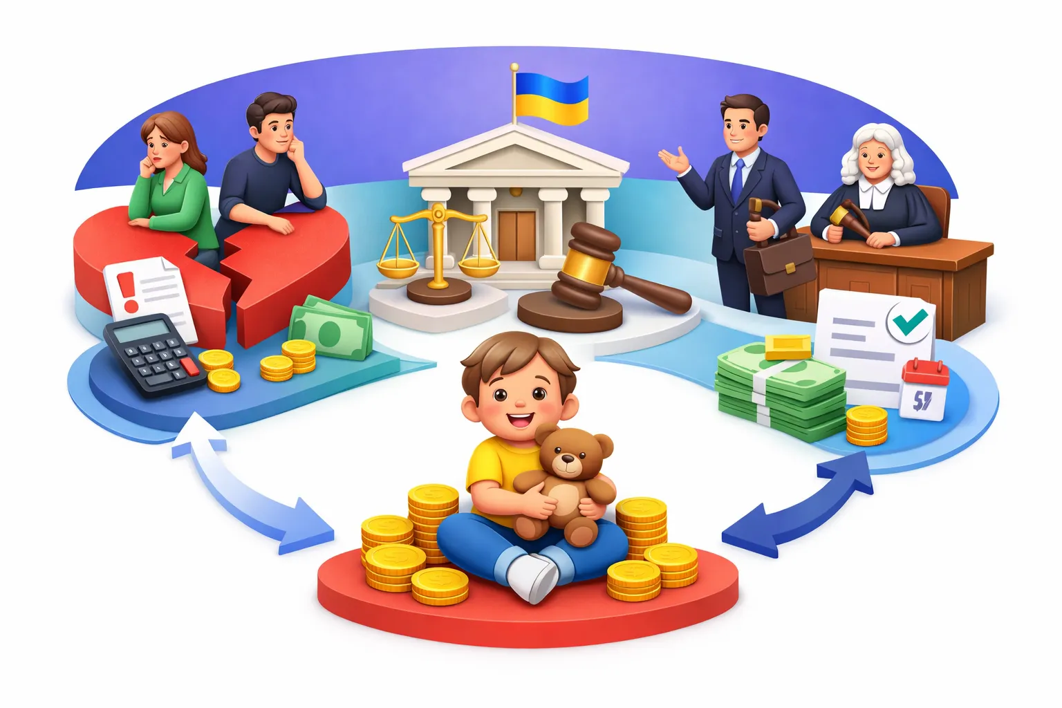 Порядок стягнення аліментів через суд в Україні у вигляді 3D-інфографіки з судом, дитиною та фінансовими символами