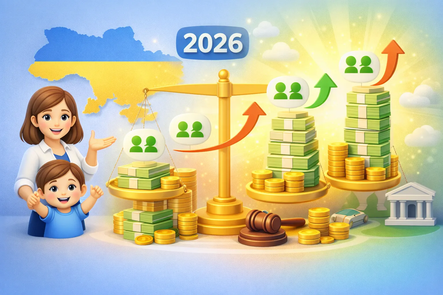 інфографіка «Розмір аліментів в Україні 2026» – мати з дитиною, терези та зростання аліментних виплат